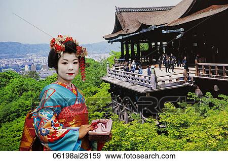 Geisha wearing a Kimono Posing in front of a Picture of Kiyomizu Temple. Kyoto, Japan View Large Photo Image Stock Photo - Geisha wearing a Kimono Posing in front of a Picture of Kiyomizu Temple. Kyoto, Japan. Fotosearch