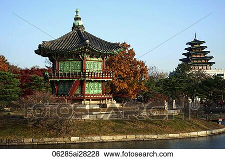 Stock Photo - Gyeongbokgung Palace, Hyangwonjeong Pavilion, Korea, Seoul. Fotosearch