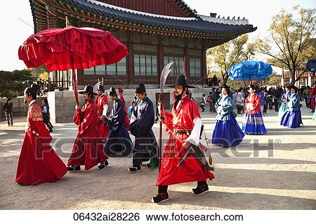 Gyeongbokgung Palace, Re-enactment of the King and Queen Strolling in the Palace Grounds. Korea View Large Photo Image Stock Photograph - Gyeongbokgung Palace, Re-enactment of the King and Queen Strolling in the Palace Grounds. Korea. Fotosearch