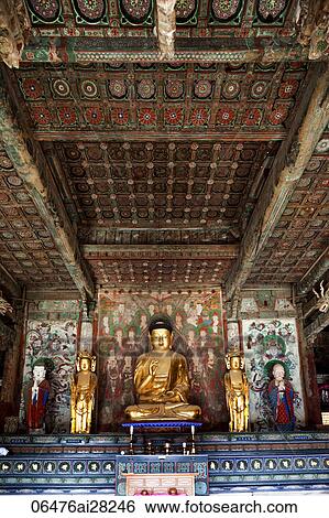 Stock Photograph - Gyeongju, Bulguksa Temple, Buddha Statue in the Daeungjeon Pavilion, Korea. Fotosearch