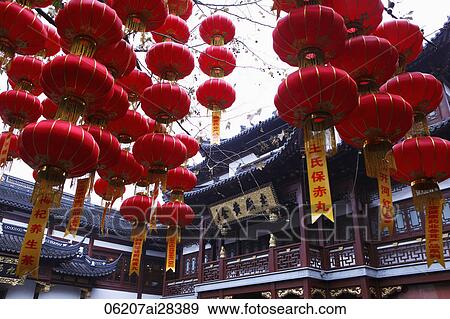 Hanging red lanterns in YuYuan Gardens, Shanghai, China View Large Photo Image Stock Photo - Hanging red lanterns in YuYuan Gardens, Shanghai, China. Fotosearch