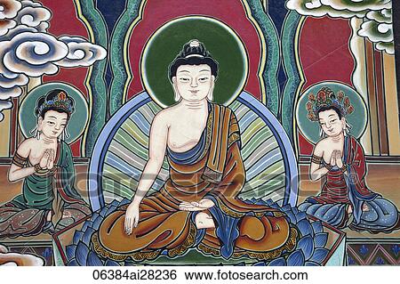 Stock Photograph - Jogyesa Temple, Daeungjeon or Hall of the Great Hero, Exterior Panels depicting Life of Buddha, Seoul, Korea. Fotosearch