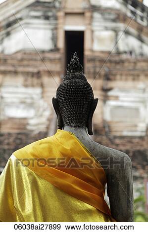 Stock Photo - Rear view of stone Buddha at Wat Yai Chaya Mongkol Temple, Thailand. Fotosearch