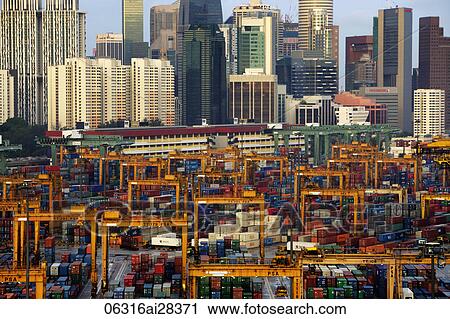 Stock Image - Singapore skyline with Shipping Port in foreground. Fotosearch
