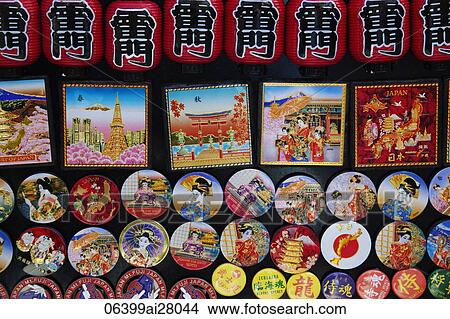 Souvenir Fridge Magnets depicting Popular Japanese Tourist Attractions. Japan, Tokyo, Asakusa, Nakamise Dori Shopping Street View Large Photo Image Picture - Souvenir Fridge Magnets depicting Popular Japanese Tourist Attractions. Japan, Tokyo, Asakusa, Nakamise Dori Shopping Street. Fotosearch