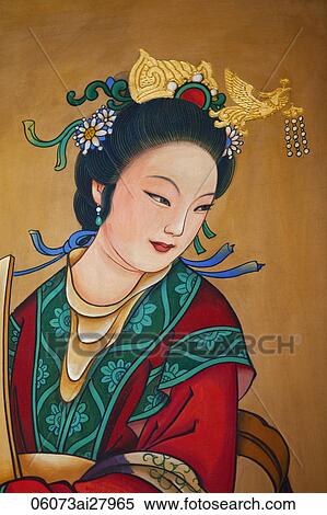 Stock Photography - Summer Palace, Buddhist Fragrance Pavilion, Painted Artwork of Woman. Beijing, China. Fotosearch