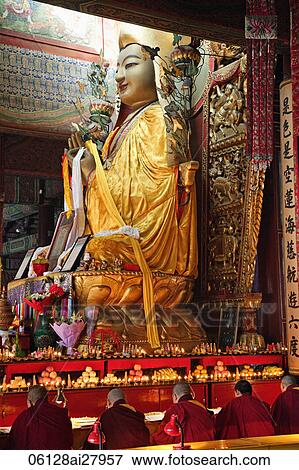 Tibetan Lama Temple or Yonghe Gong, Faiundian Pavilion, Statue of Tsongkhapa Buddha who founded the yellow sect of Lamaism. Beijing, China View Large Photo Image Stock Photo - Tibetan Lama Temple or Yonghe Gong, Faiundian Pavilion, Statue of Tsongkhapa Buddha who founded the yellow sect of Lamaism. Beijing, China. Fotosearch