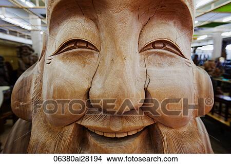 Picture - Wooden Carving of Fukurokuju, One of the Seven Gods of Fortune. Japan, Miyajima Island,. Fotosearch