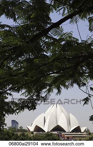Bahai Temple with leaves in foreground. New Delhi, India View Large Photo Image Picture - Bahai Temple with leaves in foreground. New Delhi, India. Fotosearch