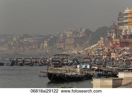 Boats on the Ghats of Varanasi on the Ganges River, India View Large Photo Image Stock Image - Boats on the Ghats of Varanasi on the Ganges River, India. Fotosearch