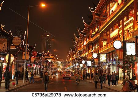 Busy street at night, Shanghai, China View Large Photo Image Stock Photo - Busy street at night, Shanghai, China. Fotosearch