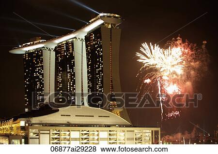 Stock Photo - Fire works and laser show at Marina Bay Sands, Singapore. Fotosearch