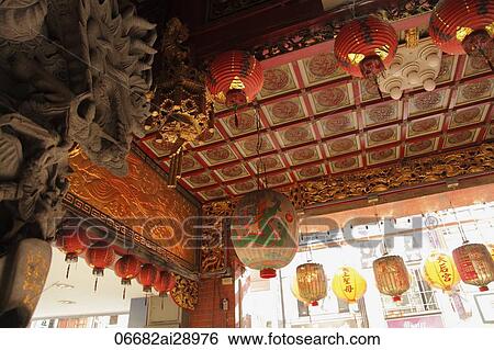 Stock Photograph - Hanging lanterns in Longshan Buddhist temple, Taiwan. Fotosearch