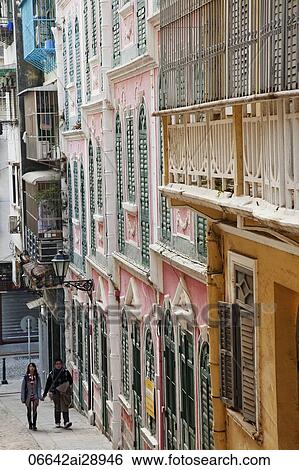 Portugese Colonial Architecture on street in Macau, China View Large Photo Image Stock Photograph - Portugese Colonial Architecture on street in Macau, China. Fotosearch