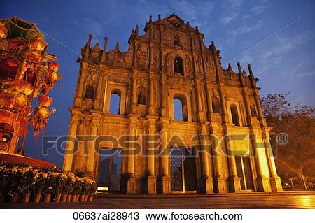 Stock Image - Ruins of St. Paul's Church at night, Macau, China. Fotosearch