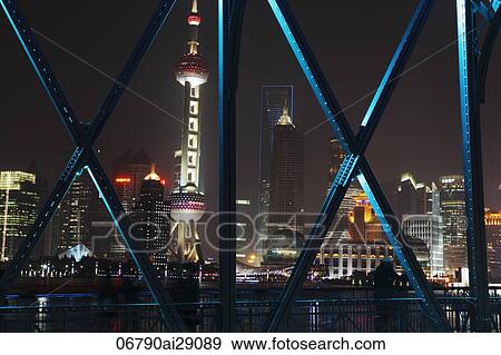 View of Pearl Tower and city skyline from Waibaidu Bridge. Shanghai, China View Large Photo Image Stock Photo - View of Pearl Tower and city skyline from Waibaidu Bridge. Shanghai, China. Fotosearch