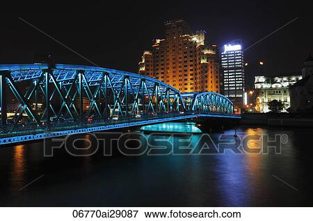 Waibaidu Bridge at night, Shanghai, China View Large Photo Image Stock Photo - Waibaidu Bridge at night, Shanghai, China. Fotosearch