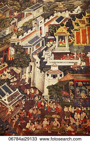 Stock Image - Wall Mural in the Main Chapel, Wat Pho, Bangkok, Thailand. Fotosearch