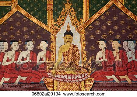Picture - Wall Murals in the Hall of the Reclining Buddha, Wat Poh, Bangkok, Thailand. Fotosearch