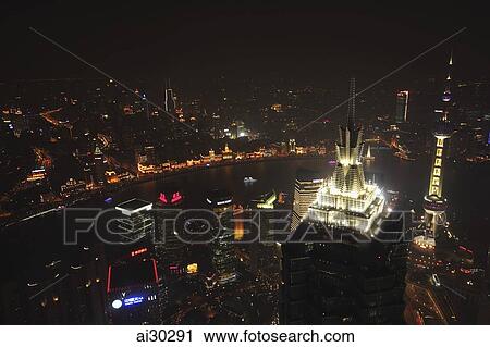 Aerial view of The Bund at night, Shanghai, China View Large Photo Image Stock Image - Aerial view of The Bund at night, Shanghai, China. Fotosearch
