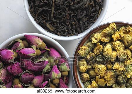 Three bowls of types of dried tea View Large Photo Image Stock Photography - Three bowls of types of dried tea. Fotosearch
