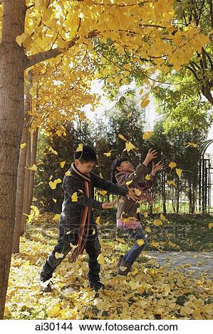 Young boy and girl playing in the Autumn leaves View Large Photo Image Picture - Young boy and girl playing in the Autumn leaves. Fotosearch