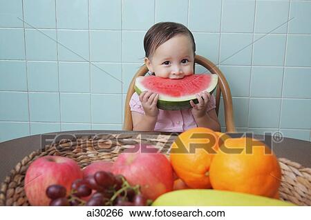 Young girl biting into a watermelon View Large Photo Image Stock Photograph - Young girl biting into a watermelon. Fotosearch