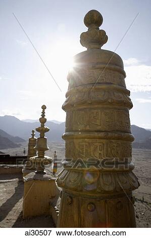 Stock Photo - Chorten or Stupa on the roof of Likir Monastery in Leh, Ladakh, India. Fotosearch