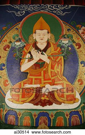 Picture - Mural of Buddha painted on the wall of Likir Monastery, Ladakh, India. Fotosearch