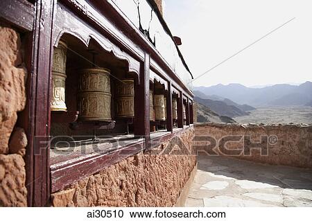 Prayer wheels at Likir Monastery in Leh, Ladakh, India View Large Photo Image Stock Image - Prayer wheels at Likir Monastery in Leh, Ladakh, India. Fotosearch