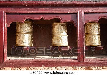 Stock Photo - Prayer wheels at Likir Monastery in Leh, Ladakh, India. Fotosearch