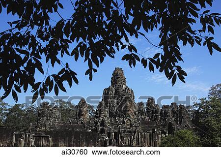 Stock Image - Wide shot Bayon Temple, Angkor Wat, Cambodia. Fotosearch