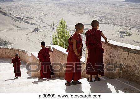 Stock Photo - Young monks looking over the walls of Likir Monastery, Ladakh, India. Fotosearch