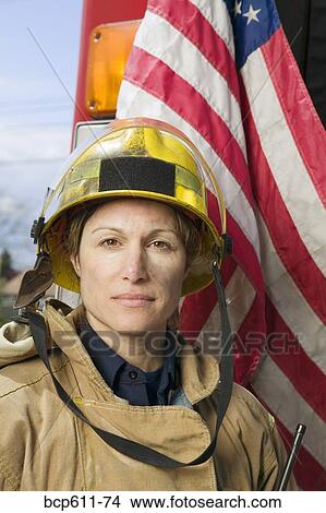 Female firefighter with American flag Picture | bcp611-74 ...