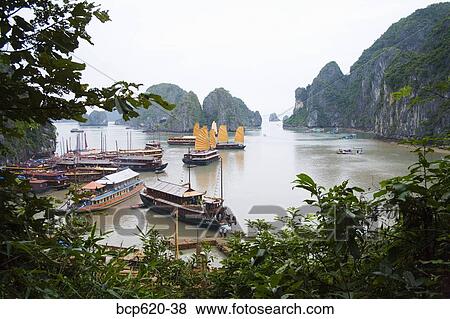 Boats and rocky islands in Vietnamese harbor View Large Photo Image Stock Photo - Boats and rocky islands in Vietnamese harbor. Fotosearch