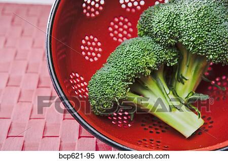 Broccoli crowns in red colander View Large Photo Image Stock Photography - Broccoli crowns in red colander. Fotosearch