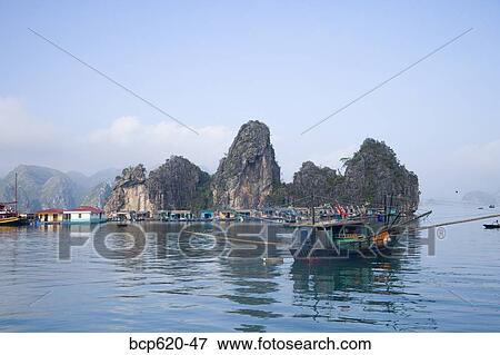 Floating Vietnamese fishing village with rocky coastline View Large Photo Image Stock Photo - Floating Vietnamese fishing village with rocky coastline. Fotosearch