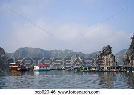 Floating Vietnamese fishing village with rocky coastline View Large Photo Image Stock Photograph - Floating Vietnamese fishing village with rocky coastline. Fotosearch