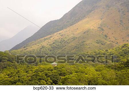 Forested mountains with roof of pagoda View Large Photo Image Stock Image - Forested mountains with roof of pagoda. Fotosearch