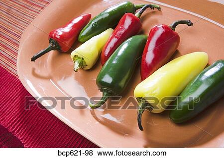 Platter of multicolored chili peppers View Large Photo Image Stock Photo - Platter of multicolored chili peppers. Fotosearch