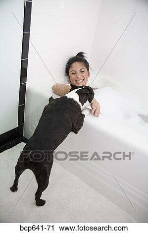 Stock Image - Dog licking woman in bathtub. Fotosearch