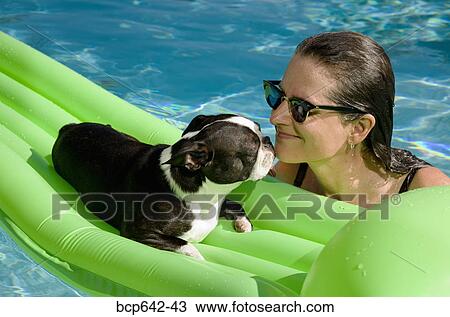 Stock Image - Dog licking woman’s face in pool. Fotosearch