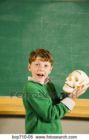 Stock Photography - Boy holding skull in classroom. Fotosearch