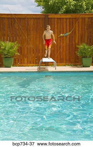 Stock Photo - Boy running on diving board. Fotosearch