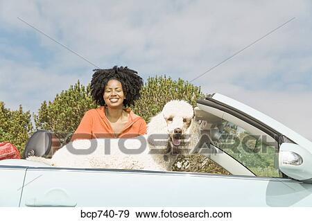 Stock Photo - African woman and dog in convertible car. Fotosearch