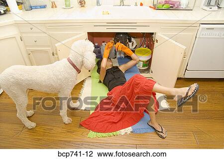 Stock Image - Woman fixing plumbing under sink. Fotosearch