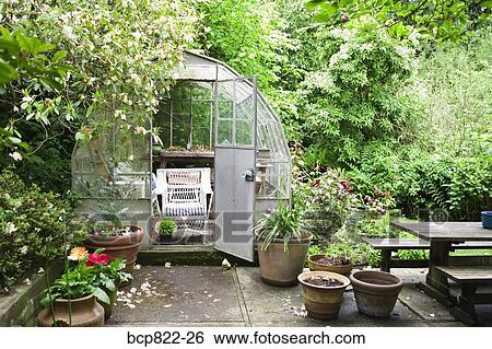 Greenhouse in tranquil backyard garden View Large Photo Image Stock Photograph - Greenhouse in tranquil backyard garden. Fotosearch