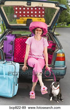 Stock Photo - Woman and Boston Terrier dog posing with car loaded with colorful suitcases. Fotosearch