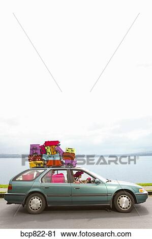 Woman and dog driving car stacked with colorful suitcases View Large Photo Image Stock Image - Woman and dog driving car stacked with colorful suitcases. Fotosearch