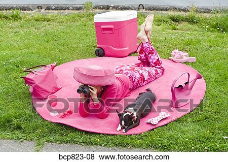 Woman in pink and dog picnicking View Large Photo Image Stock Photo - Woman in pink and dog picnicking. Fotosearch